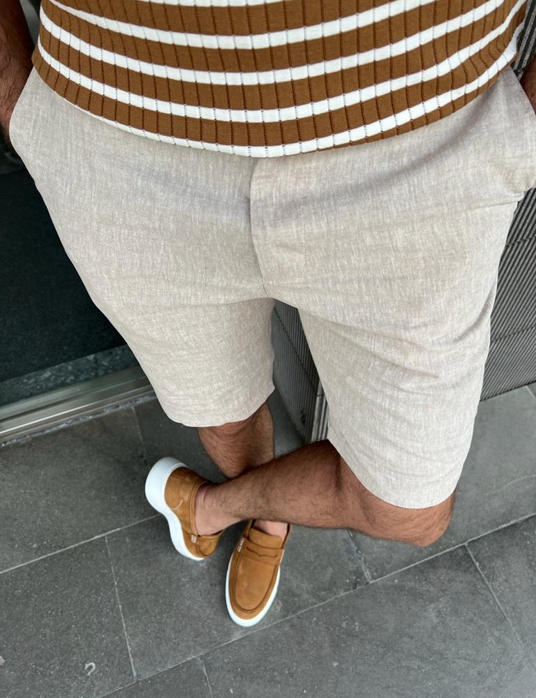 Beige Slim Fit Linen Shorts for Men by GentWith.com with Free Worldwide Shipping