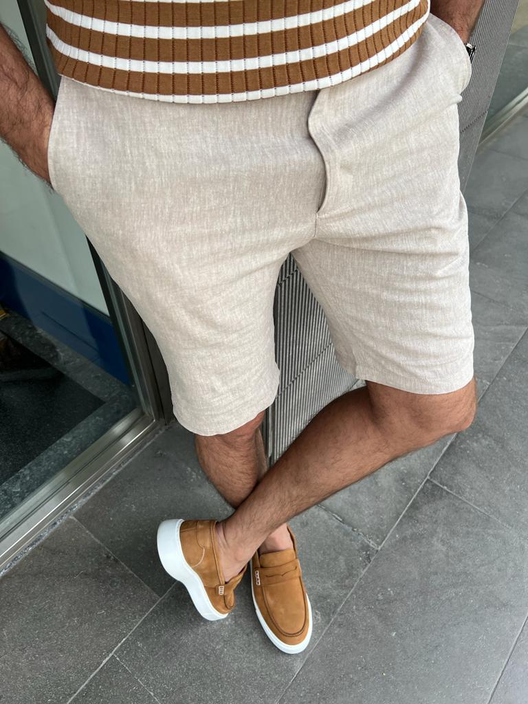 GentWith Tampa Beige Slim Fit Linen Shorts 