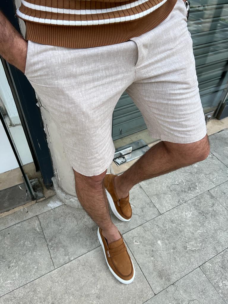 Beige Slim Fit Linen Shorts for Men by GentWith.com