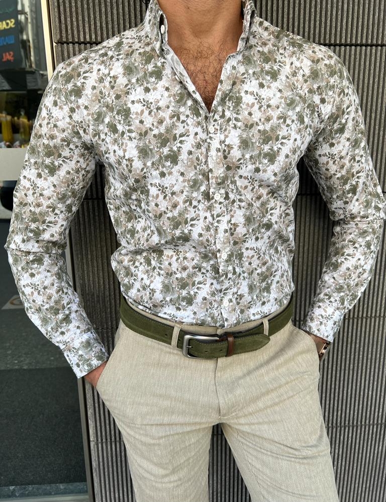 Green Slim Fit Long Sleeve Floral Cotton Shirt for Men by GentWith.com with Free Worldwide Shipping