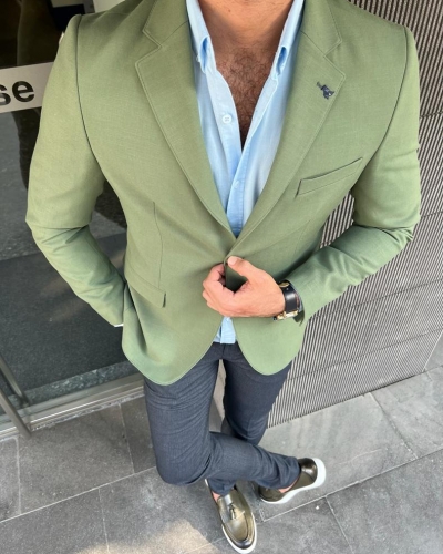 Green Slim Fit Wool Blazer for Men by GentWith.com with Free Worldwide Shipping