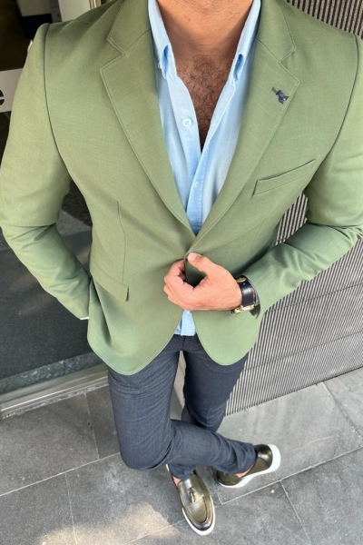 Green Slim Fit Wool Blazer for Men by GentWith.com with Free Worldwide Shipping