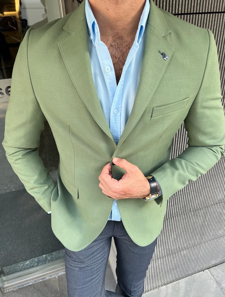 Green Slim Fit Wool Blazer for Men by GentWith.com