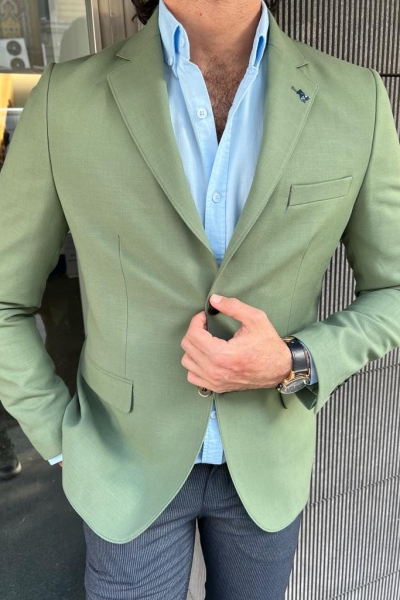 Green Slim Fit Wool Blazer for Men by GentWith.com with Free Worldwide Shipping