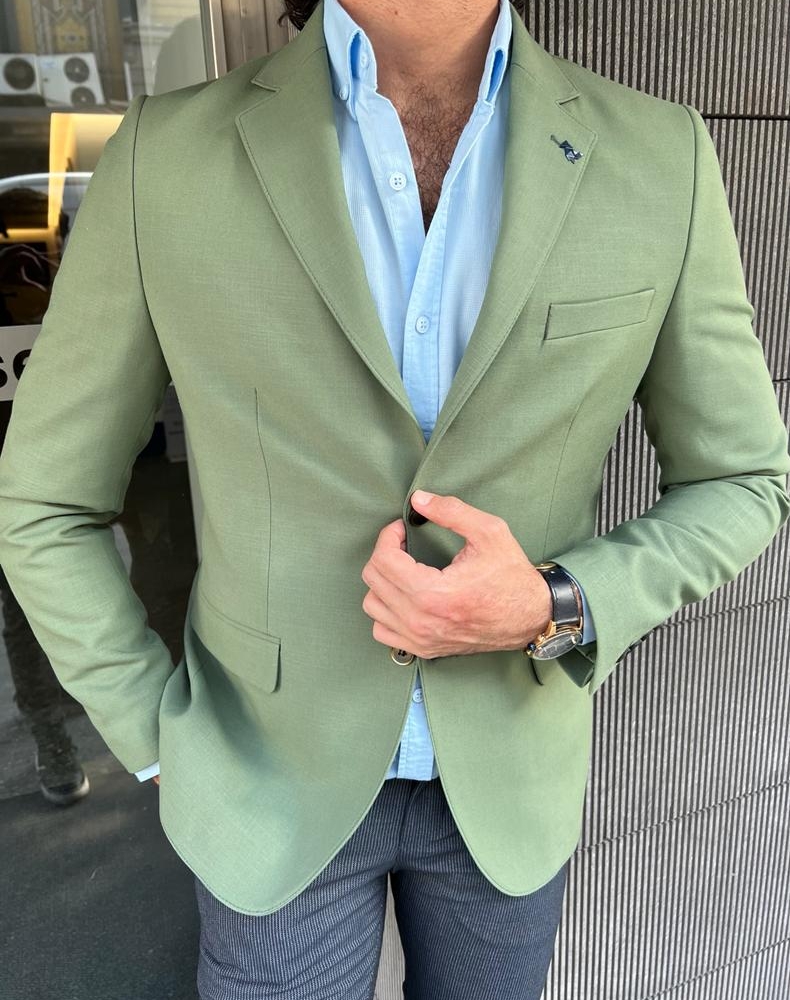 Green Slim Fit Wool Blazer for Men by GentWith.com with Free Worldwide Shipping