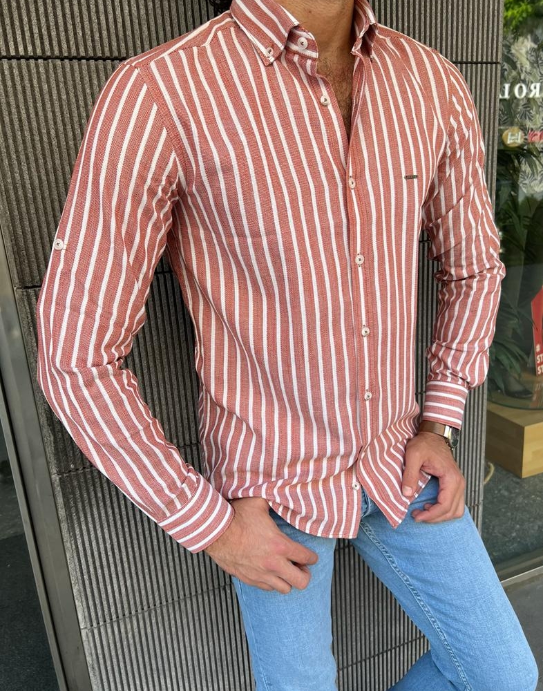Rust Slim Fit Long Sleeve Striped Cotton Shirt for Men by GentWith.com with Free Worldwide Shipping