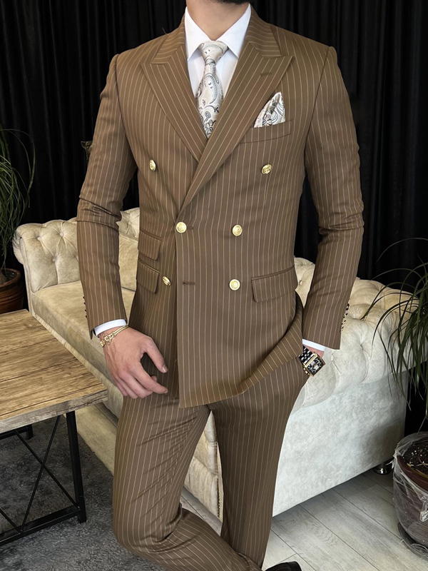 Brown Slim Fit Double Breasted Suit for Men