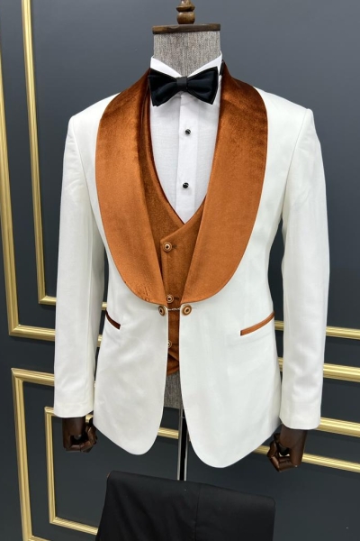 White Orange Slim Fit Shawl Lapel Groom Wedding Tuxedo Suit for Men by GentWith.com with Free Worldwide Shipping