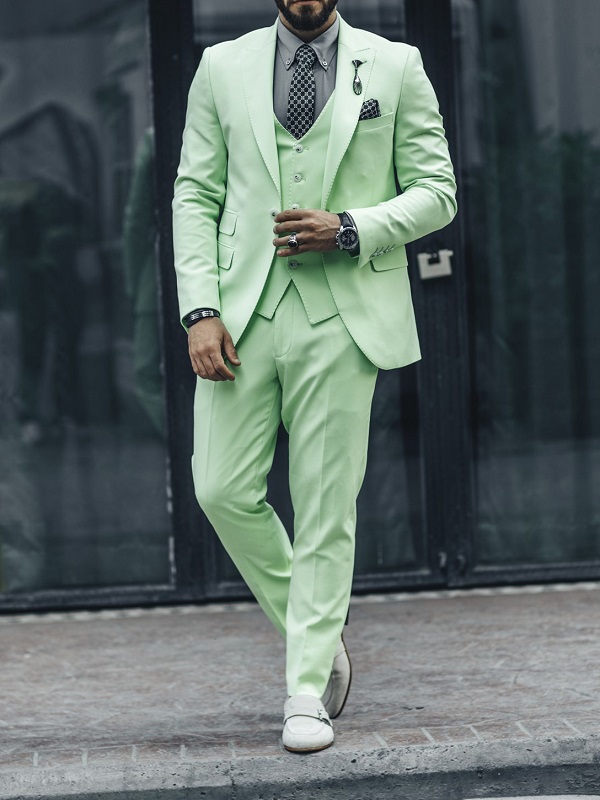 Mint Green Slim Fit Peak Lapel Suit for Men by GentWith.com