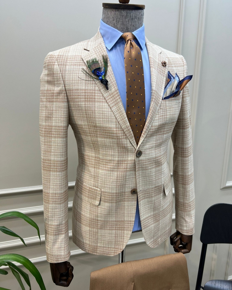 Beige Slim Fit Notch Lapel 2 Piece Plaid Suit for Men by GentWith.com