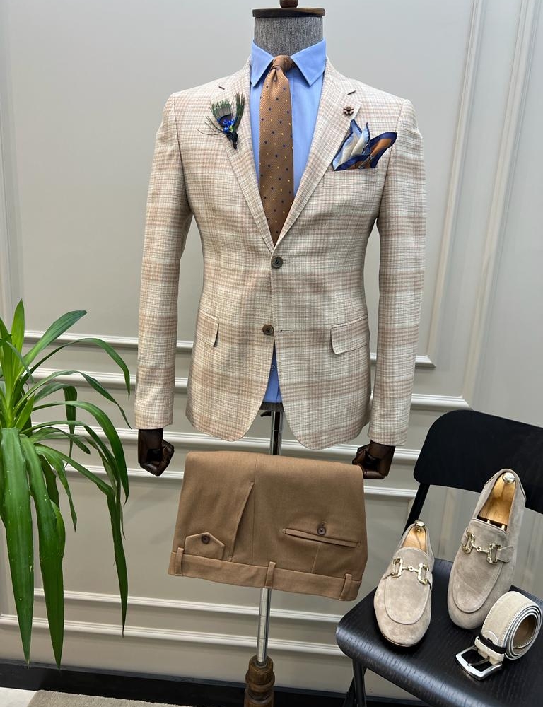 Beige Slim Fit Notch Lapel 2 Piece Plaid Groom Suit for Men by GentWith.com with Free Worldwide Shipping