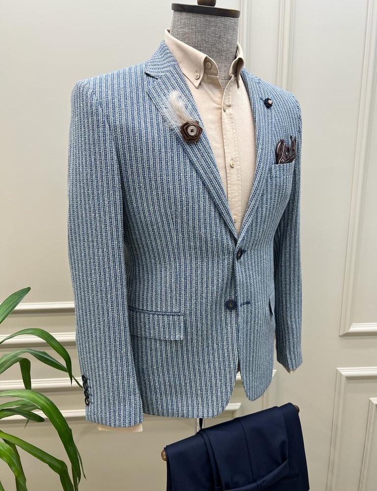 Blue Slim Fit Striped Groom Cotton Blazer for Men by GentWith.com with Free Worldwide Shipping