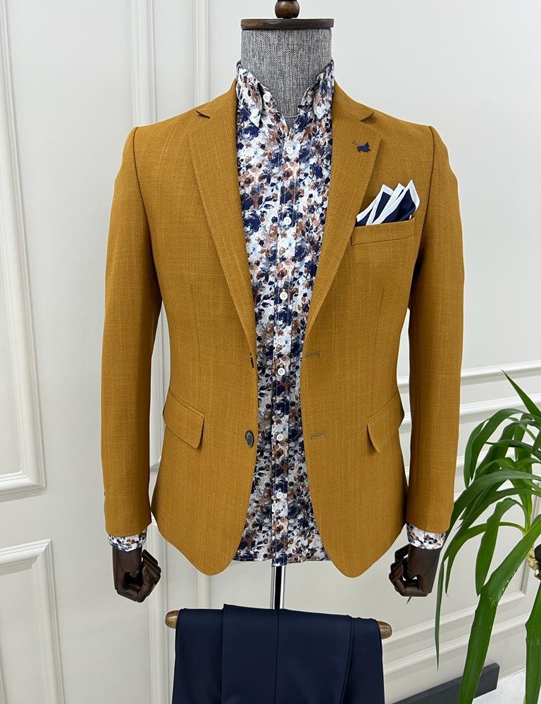 Mustard Slim Fit Crosshatch Cotton Blazer for Men by GentWith.com with Free Worldwide Shipping