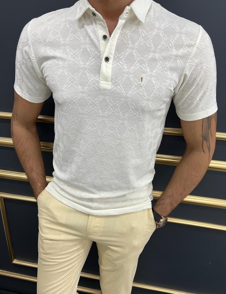 White Slim Fit Patterned Polo T-Shirt for Men by GentWith.com with Free Worldwide Shipping