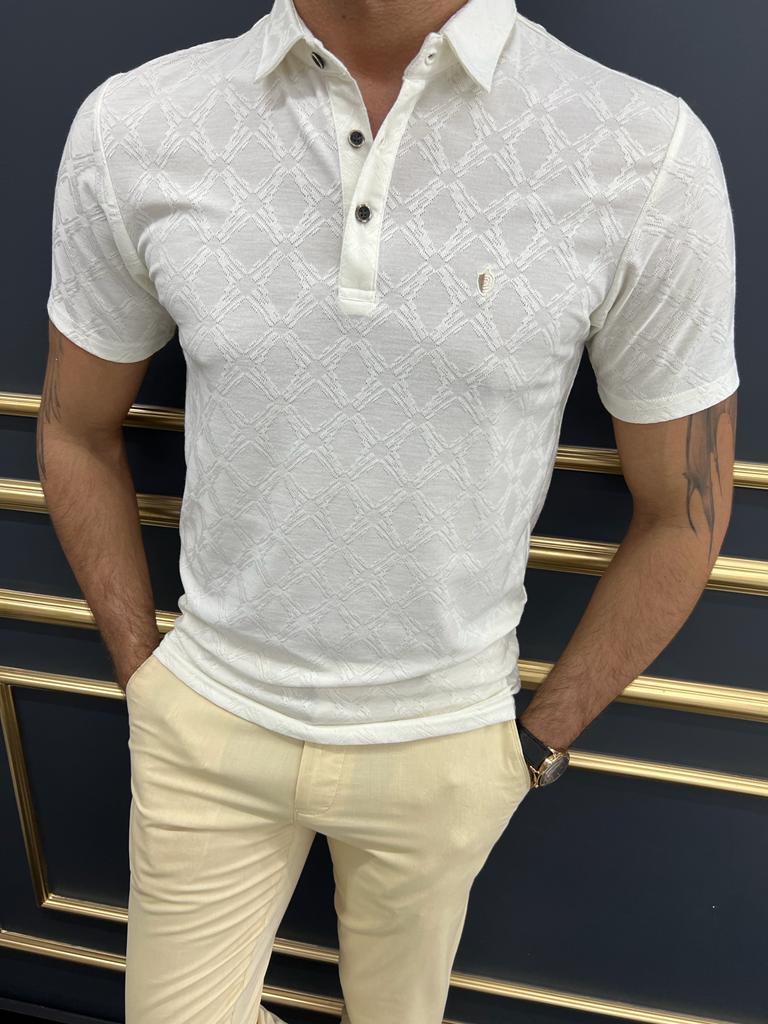 GentWith Empire White Slim Fit Patterned Polo T-Shirt - GENT WITH