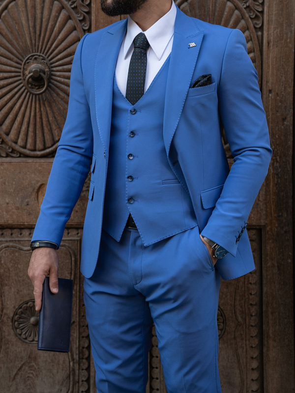 Azure Blue Slim Fit Three Piece Peak Lapel Groom Wedding Suit for Men by GentWith.com with Free Worldwide Shipping