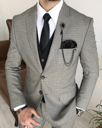 Gray Slim Fit Three Piece Notch Lapel Crosshatch Wedding Groom Suit for Men by GentWith.com with Free Worldwide Shipping