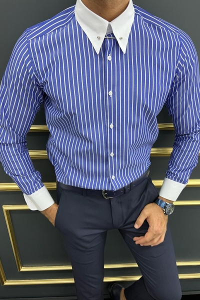 Blue Slim Fit Striped Cotton Shirt for Men by GentWith.com with Free Worldwide Shipping