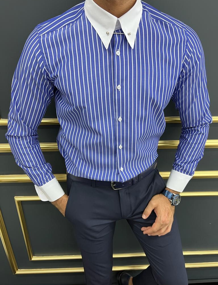 Blue Slim Fit Striped Cotton Shirt for Men by GentWith.com with Free Worldwide Shipping