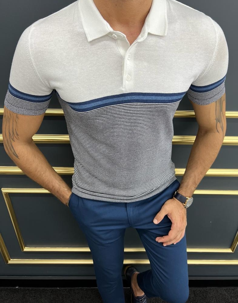 Navy White Slim Fit Polo T-Shirt for Men by GentWith.com with Free Worldwide Shipping