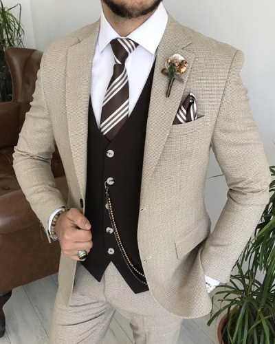 Beige Slim Fit Three Piece Notch Lapel Crosshatch Wedding Groom Suit for Men by GentWith.com with Free Worldwide Shipping