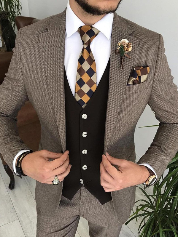 Dark Brown Slim Fit Three Piece Notch Lapel Crosshatch Wedding Groom Suit for Men by GentWith.com with Free Worldwide Shipping