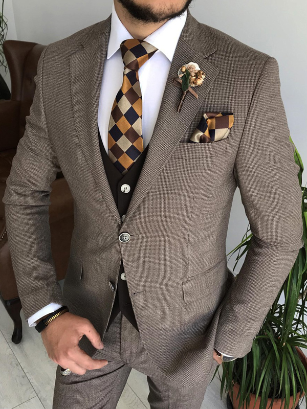 Dark Brown Slim Fit Three Piece Notch Lapel Crosshatch Wedding Groom Suit for Men by GentWith.com with Free Worldwide Shipping