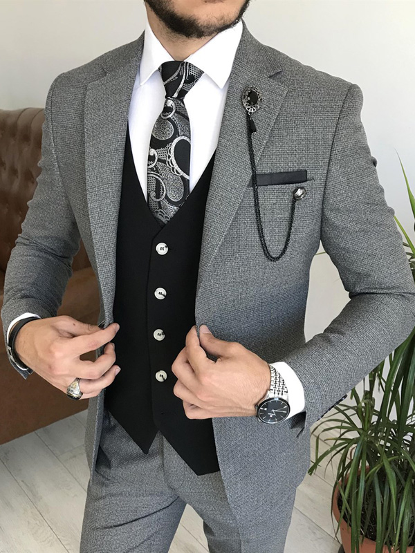 Dark Gray Slim Fit Three Piece Notch Lapel Crosshatch Wedding Groom Suit for Men by GentWith.com with Free Worldwide Shipping