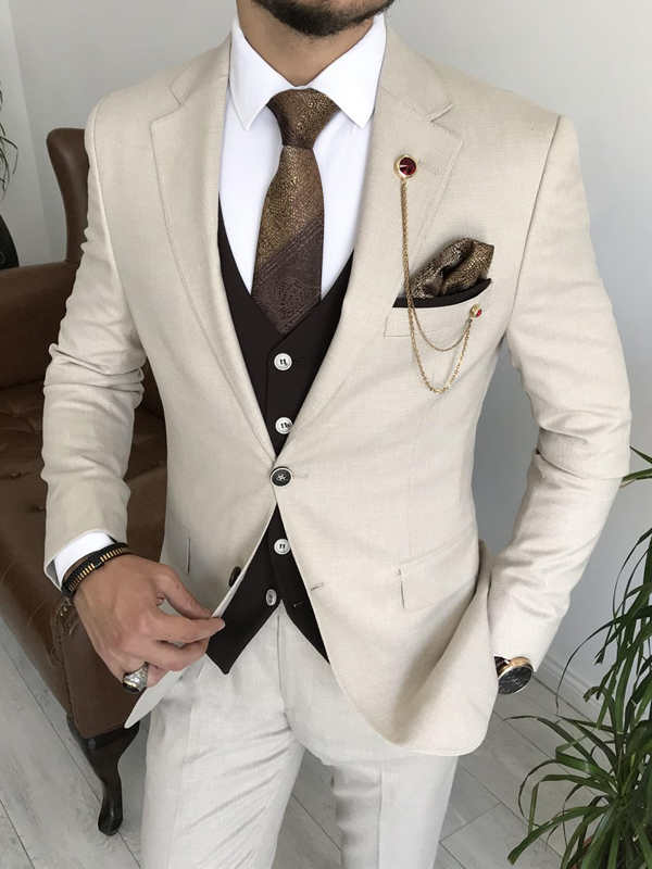 Beige Slim Fit Three Piece Notch Lapel Crosshatch Wedding Groom Suit for Men by GentWith.com with Free Worldwide Shipping