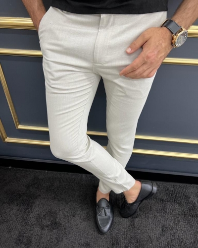 Beige Slim Fit Cotton Pants for Men by GentWith.com with Free Worldwide Shipping