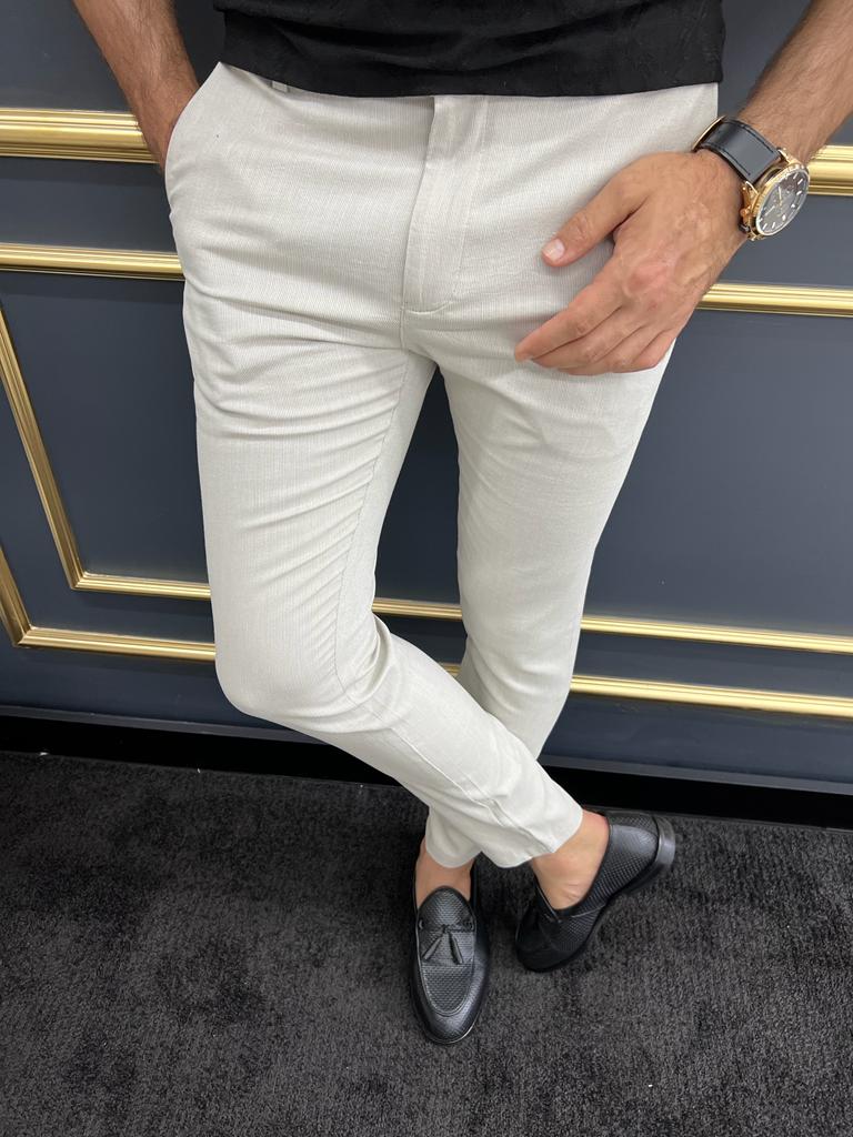 White Slim Fit Cotton Pants for Men by GentWith