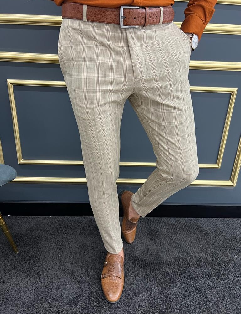 Beige Slim Fit Plaid Pants for Men by