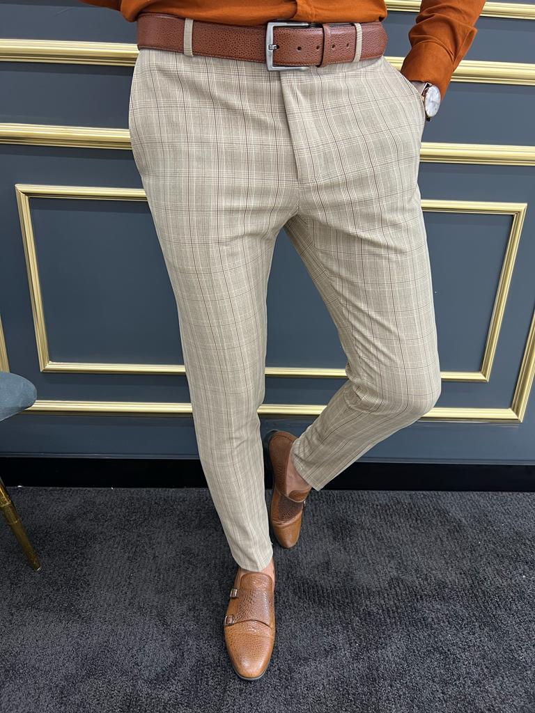 Beige Slim Fit Plaid Pants for Men by GentWith.com | Worldwide Shipping