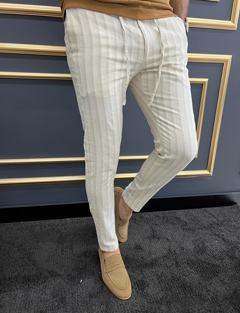 Beige Slim Fit Striped Laced Pants for Men by GentWith.com