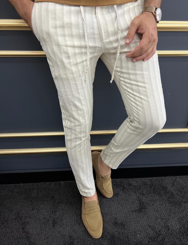 Beige Slim Fit Striped Laced Pants for Men by GentWith.com with Free Worldwide Shipping