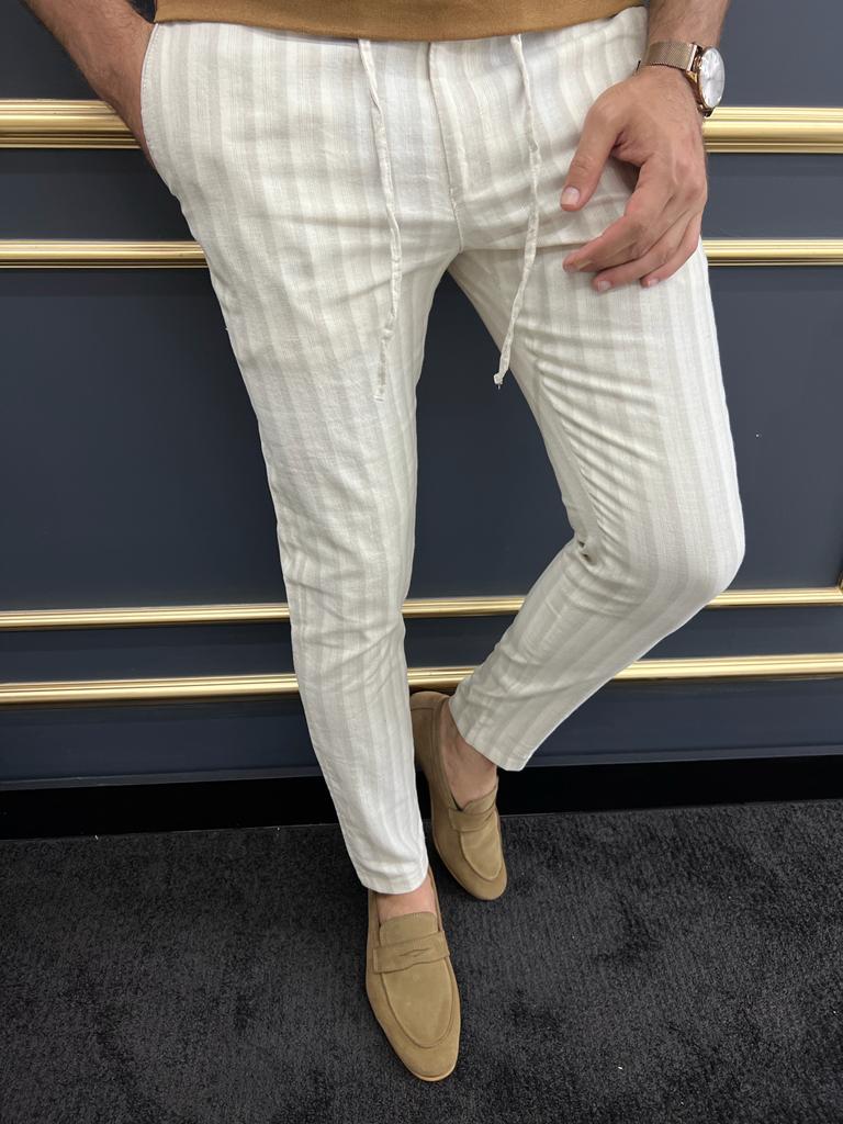 Beige Slim Fit Striped Laced Pants for Men by GentWith.com