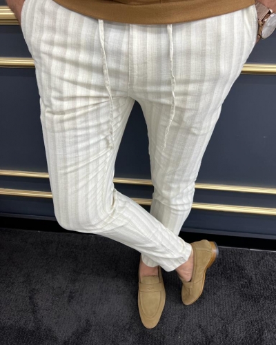 Beige Slim Fit Striped Laced Pants for Men by GentWith.com with Free Worldwide Shipping