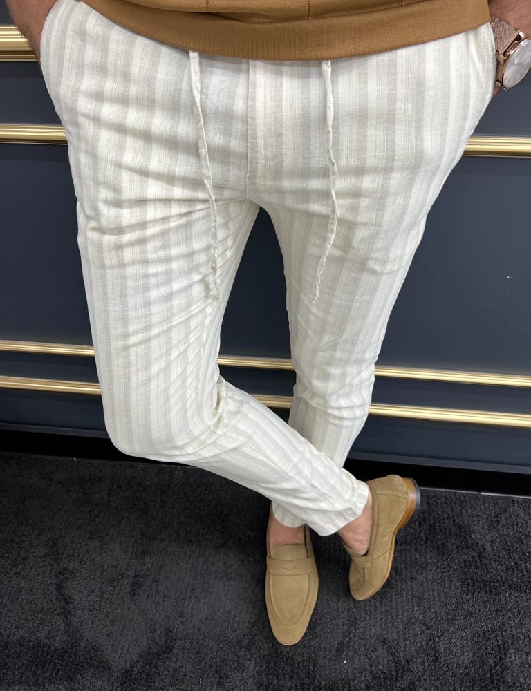 Beige Slim Fit Striped Laced Pants for Men by GentWith.com with Free Worldwide Shipping