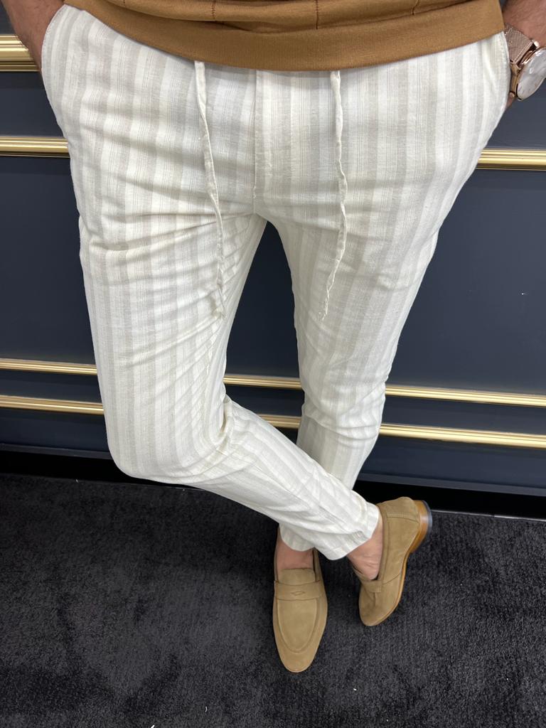 Beige Slim Fit Striped Laced Pants for Men by