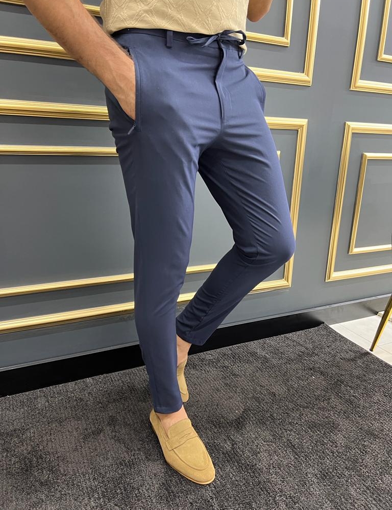 Blue Slim Fit Laced Pants for Men by GentWith.com | Worldwide Shipping