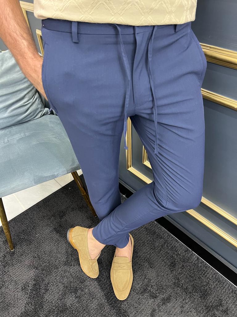 GentWith Tampa Dark Blue Slim Fit Pinstripe Linen Pants