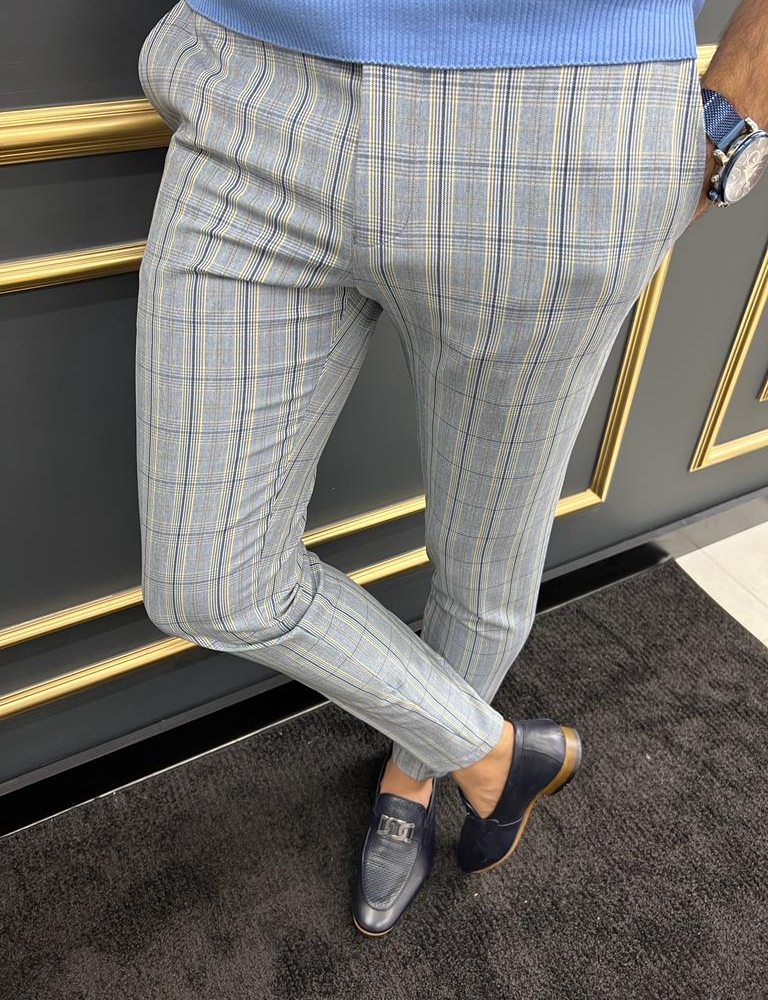 Blue Slim Fit Plaid Pants for Men by GentWith.com | Worldwide Shipping