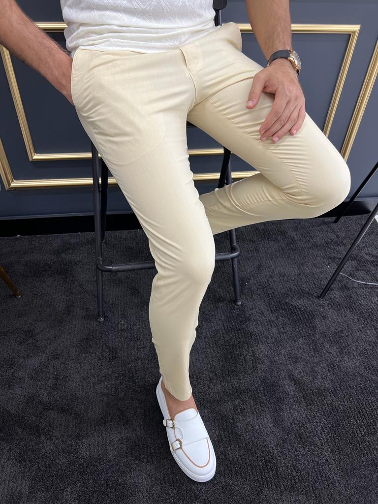 Yellow Slim Fit Cotton Pants for Men by GentWith | Worldwide Shipping