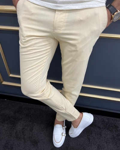 Yellow Slim Fit Cotton Pants for Men by GentWith.com with Free Worldwide Shipping