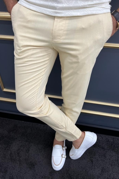 Yellow Slim Fit Cotton Pants for Men by GentWith.com with Free Worldwide Shipping