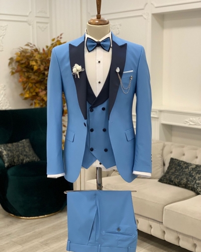 Azure Blue Slim Fit Peak Lapel Groom Wedding Suit for Men by GentWith.com with Free Worldwide Shipping