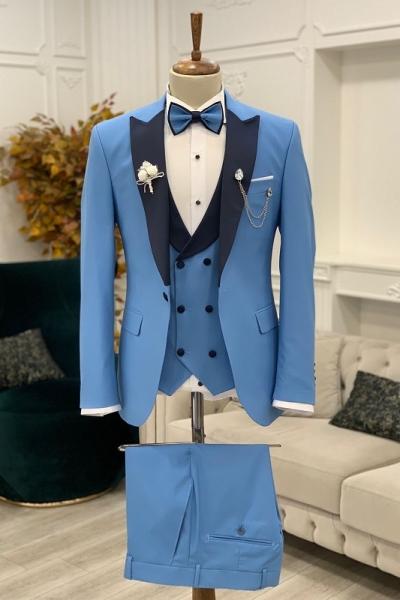 Azure Blue Slim Fit Peak Lapel Groom Wedding Suit for Men by GentWith.com with Free Worldwide Shipping