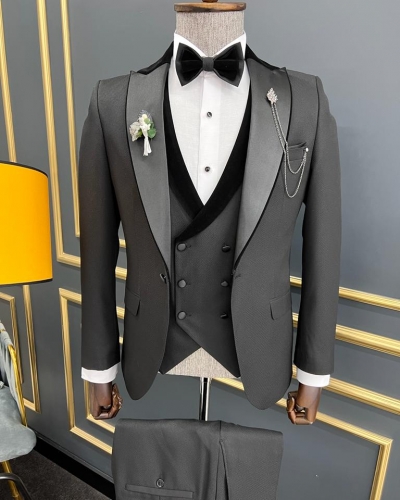 Black Slim Fit Three Piece Velvet Lapel Wedding Groom Tuxedo Suit for Men by GentWith.com with Free Worldwide Shipping