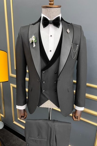 Black Slim Fit Three Piece Velvet Lapel Wedding Groom Tuxedo Suit for Men by GentWith.com with Free Worldwide Shipping