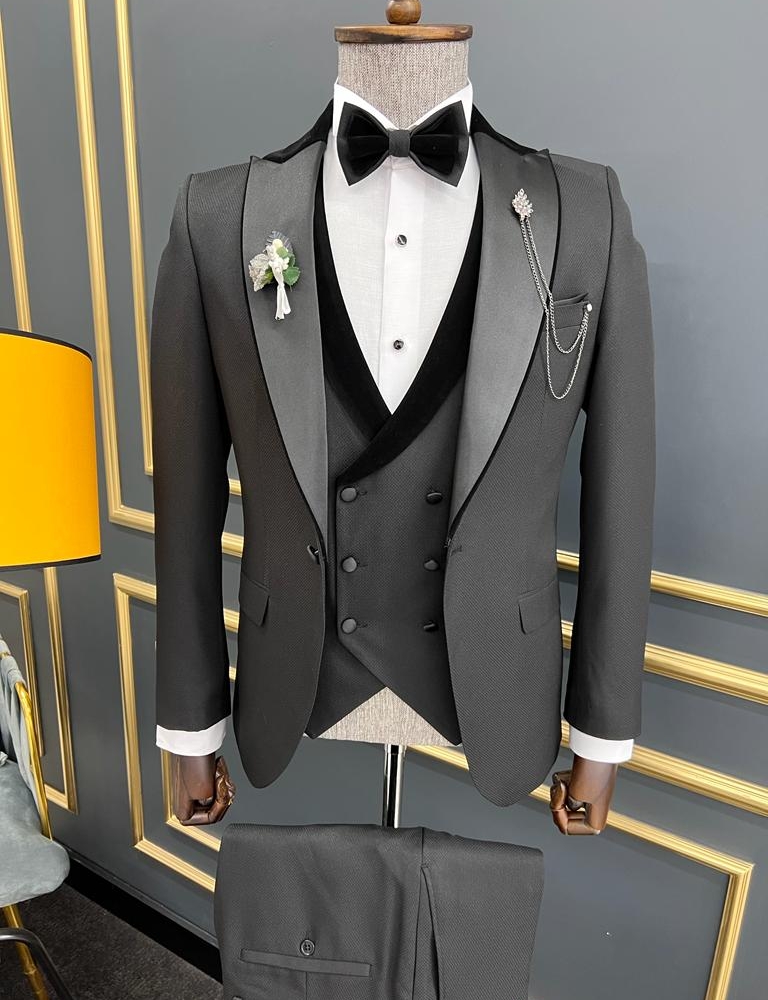 Black Slim Fit Three Piece Velvet Lapel Wedding Groom Tuxedo Suit for Men by GentWith.com with Free Worldwide Shipping